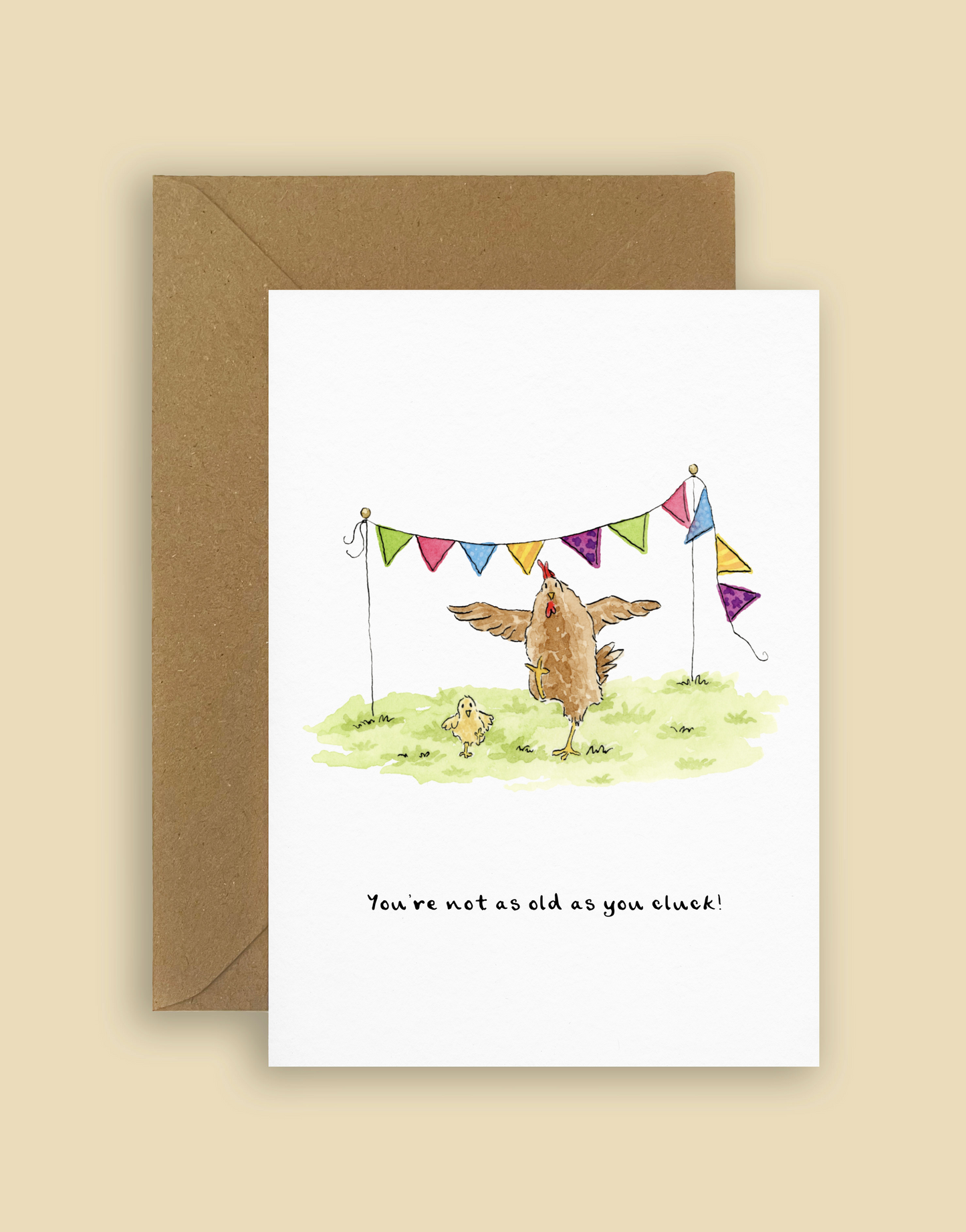Funny Irish birthday card with a hand-illustrated dancing chicken and 'You're Not As Old As You Cluck' pun. Perfect for pun lovers and animal-themed cards.