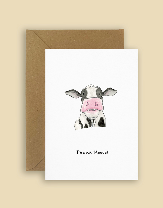 Funny Irish greeting card with a hand-illustrated cow and 'Thank Mooo' pun. Perfect for thank-you cards or pun lovers.